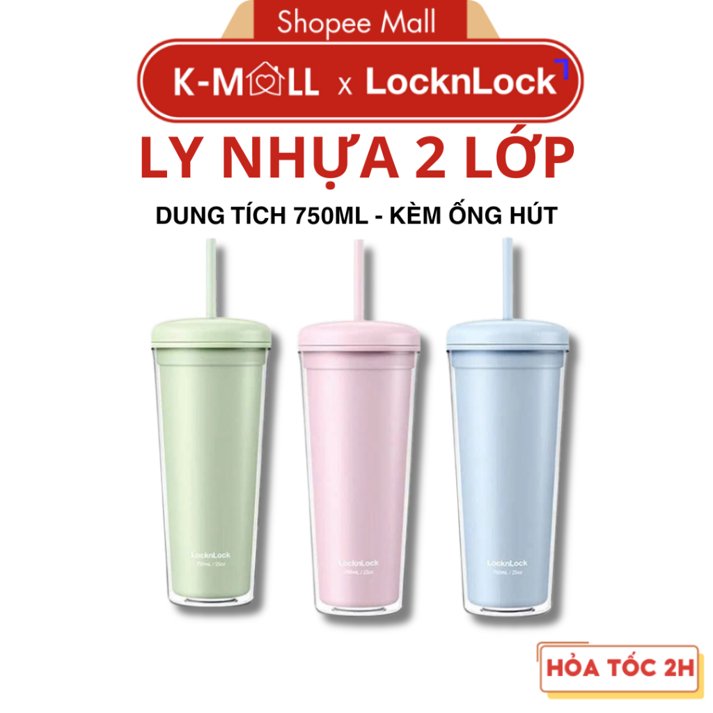 Ly Nhựa 2 Lớp LocknLock Macaron Double Wall Cold Cup HAP533, 3 Màu Lựa Chọn, Kèm Ống Hút - K-MALL