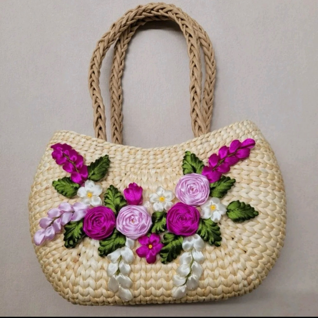 Túi cói lục bình vintage đính hoa ruy băng hàng loại 1
