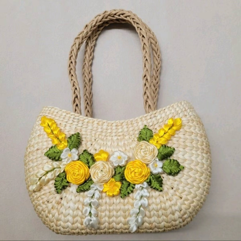 Túi cói lục bình vintage đính hoa ruy băng hàng loại 1