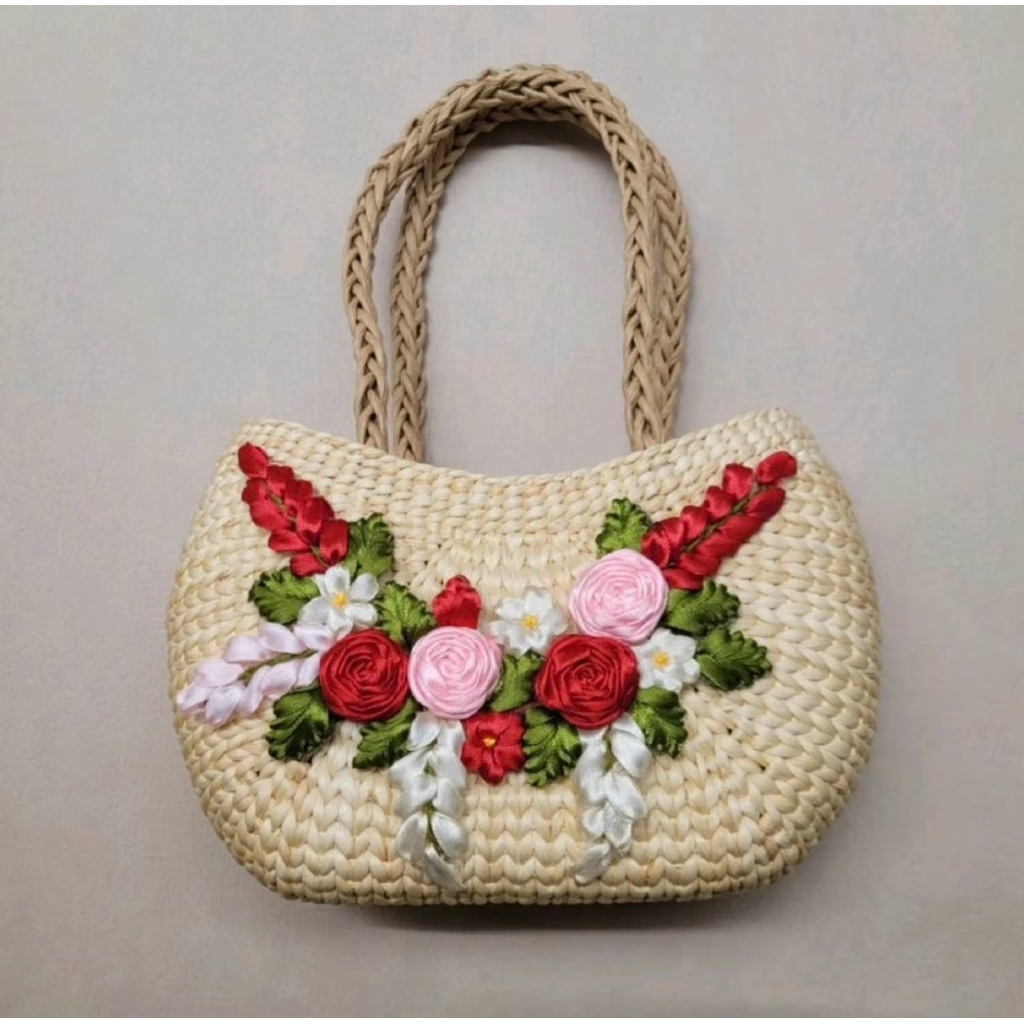 Túi cói lục bình vintage đính hoa ruy băng hàng loại 1