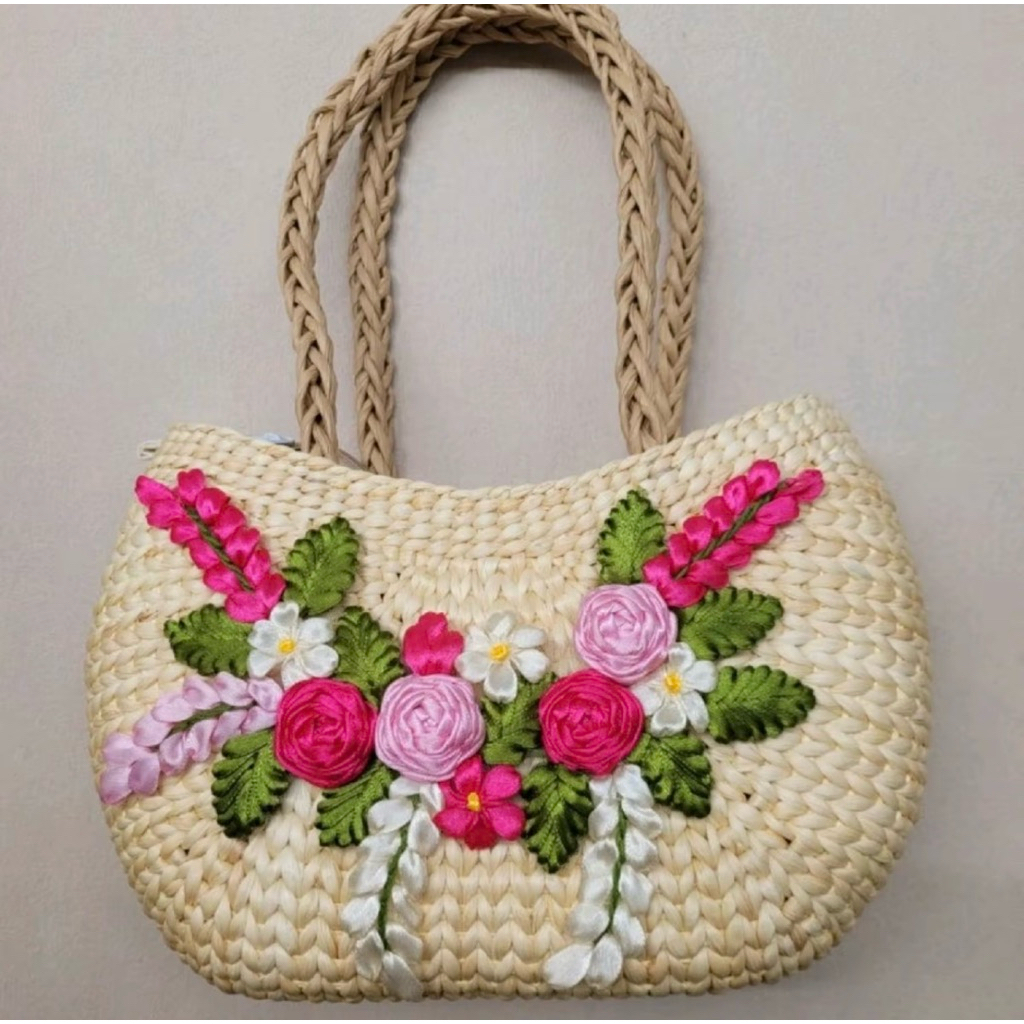 Túi cói lục bình vintage đính hoa ruy băng hàng loại 1