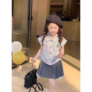 [B&G] Sét váy Áo sơ mi sọc rút dây 2 bên Chân váy xếp ly phối sọc cho bé gái từ 12-45kg(2-12 tuổi)