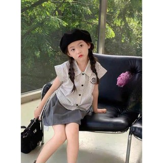 [B&G] Sét váy Áo sơ mi sọc rút dây 2 bên Chân váy xếp ly phối sọc cho bé gái từ 12-45kg(2-12 tuổi)