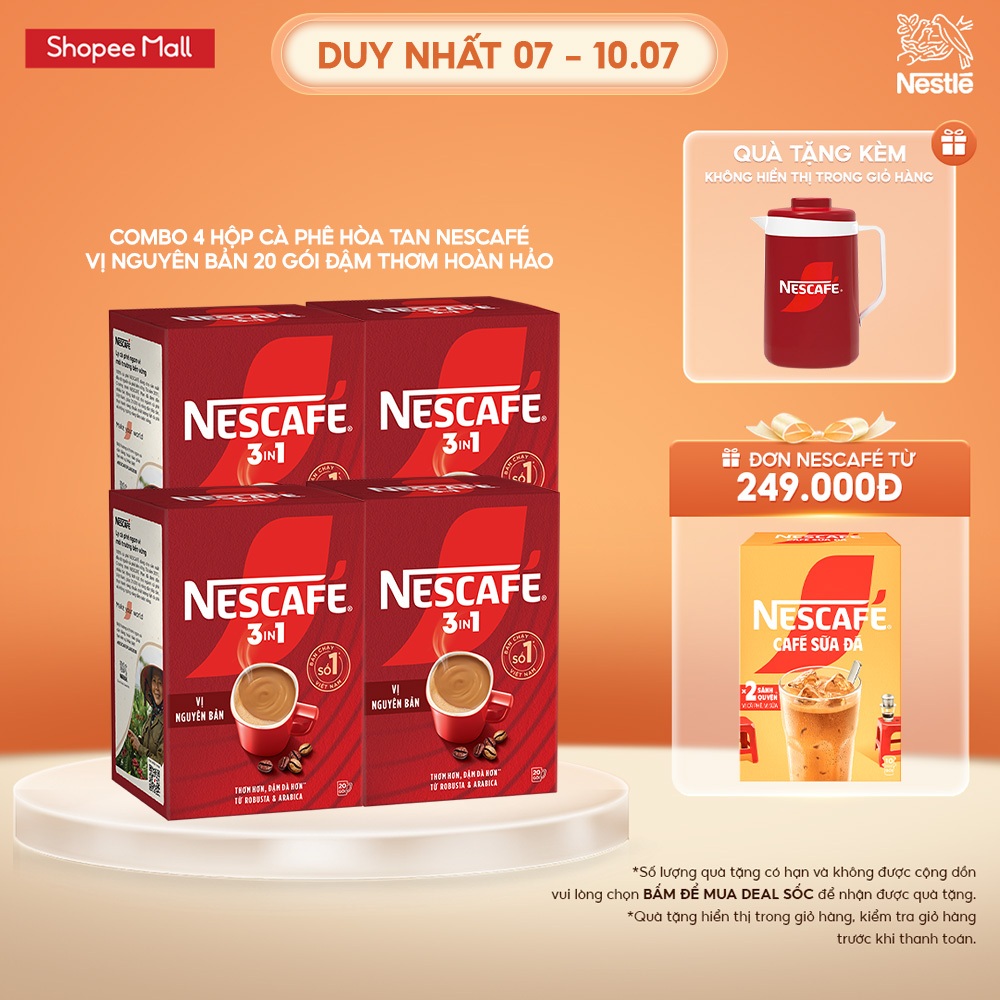 [Tặng Ca đá Nescafe] Combo 4 Hộp Cà phê Hòa tan NESCAFÉ VỊ NGUYÊN BẢN ...