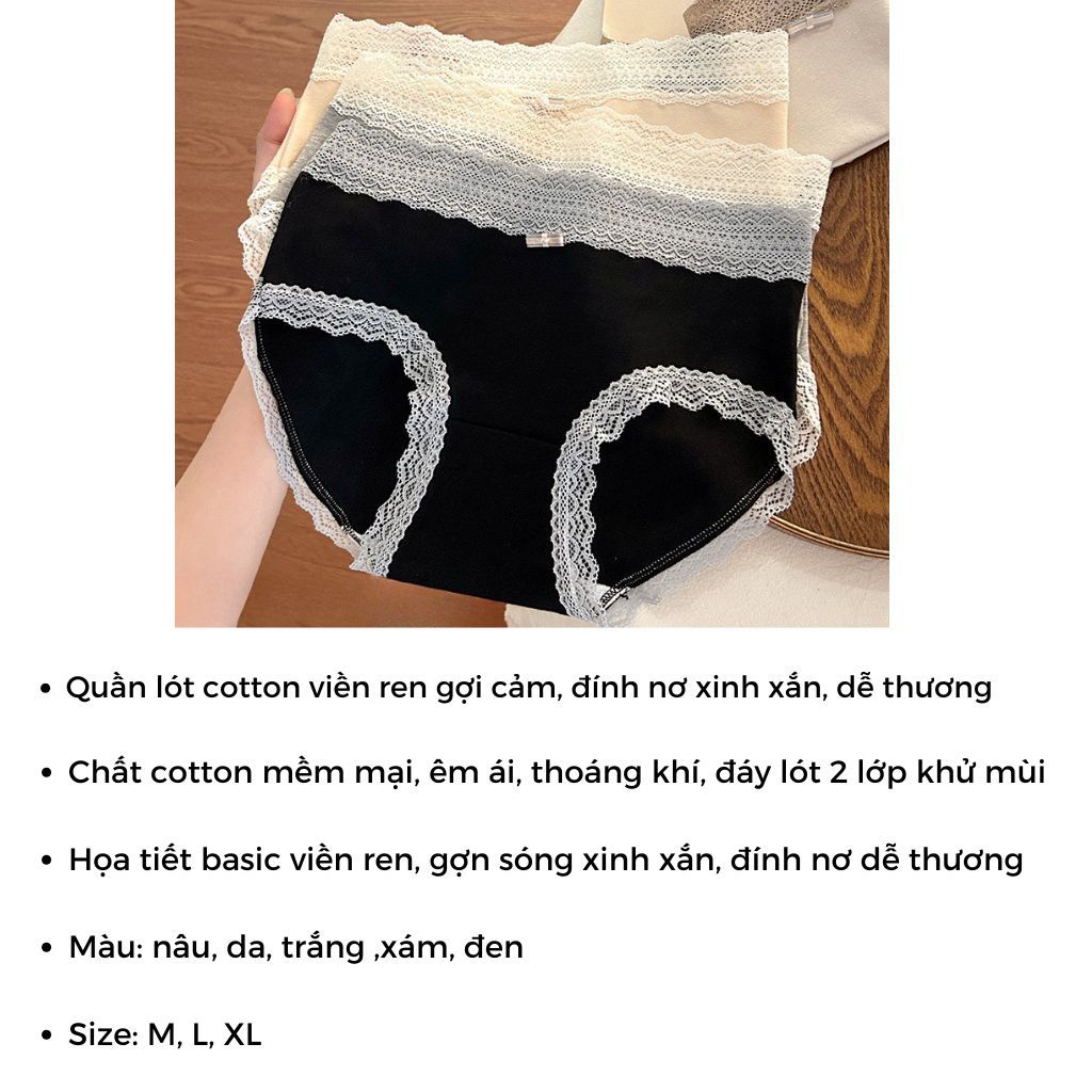 Quần lót cotton nữ cao cấp êm ái thoáng khí cạp vừa tôn dáng viền ren đính nơ xinh xắn LANIXA L5509