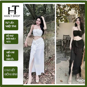 Bikini đồ bơi đi biển hai mảnh áo cổ yếm PHỐI HOA mix chân váy xẻ tà sang chảnh HAN.T SHOP
