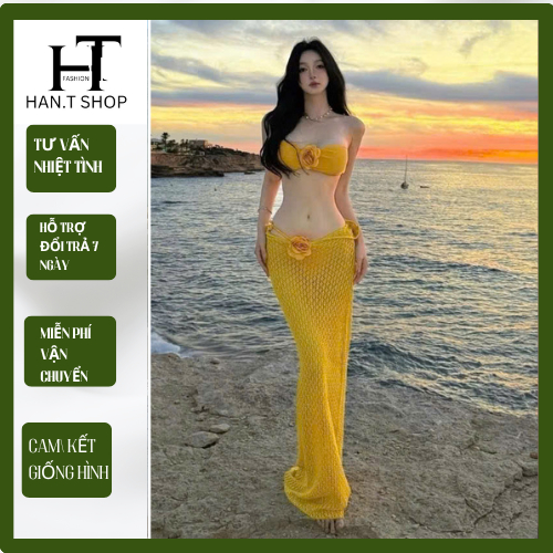 BKN 051 Đồ bơi đi biển set ba món VÁY LEN tay lửng bikini đính hoa thanh lịch sanh chảnh HAN.T SHOP