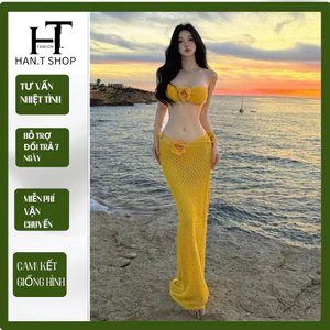 BKN 051 Đồ bơi đi biển set ba món VÁY LEN tay lửng bikini đính hoa thanh lịch sanh chảnh HAN.T SHOP