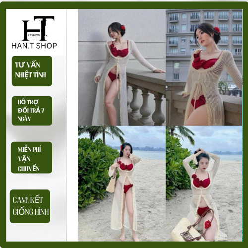 [BKN 060] Bikini đồ bơi đi biển set  BÔNG ĐỎ + CHOÀNG có mút phối khoác ren bèo sang chảnh HAN.T SHOP