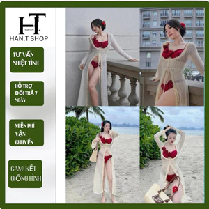 Bikini đồ bơi đi biển set BÔNG ĐỎ + CHOÀNG có mút phối khoác ren bèo sang chảnh HAN.T SHOP