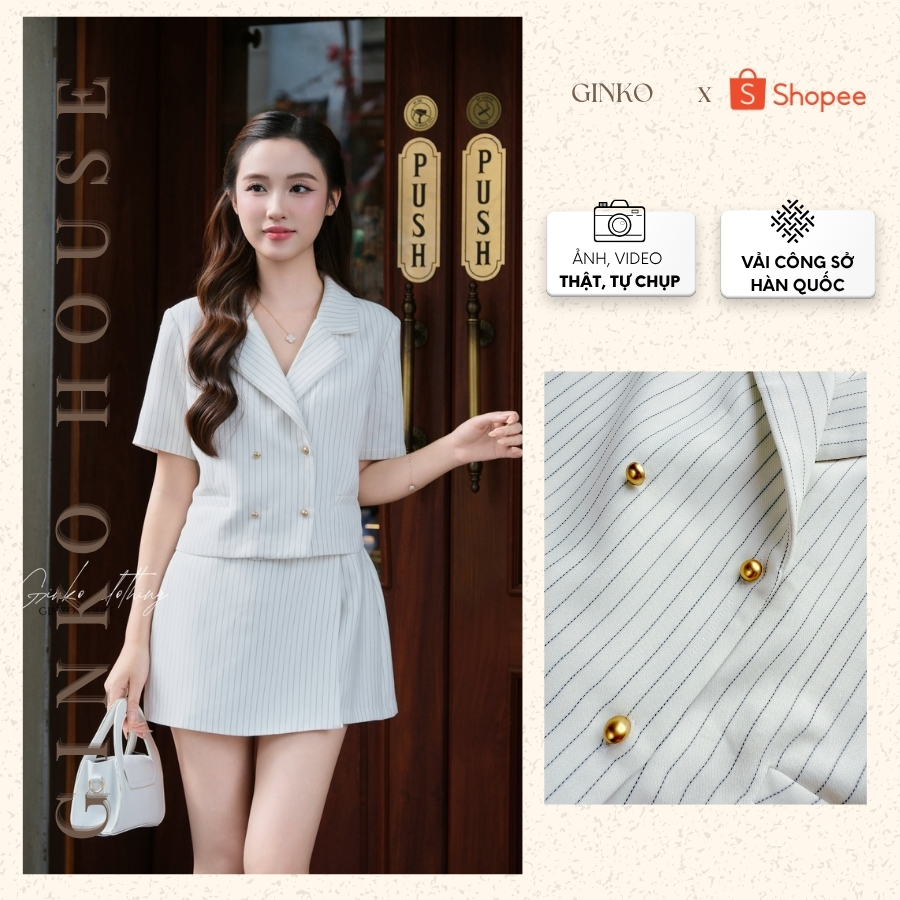 Áo cổ vest dáng ngắn phối quần giả váy dáng chữ A set GINKO CLOTHING