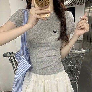 Áo nữ dáng croptop babytee tôn dáng Xám Thêu Nơ