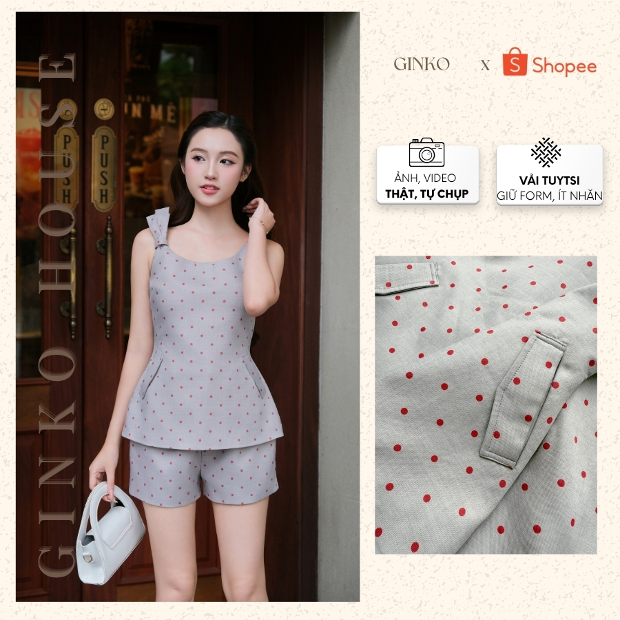 Set áo 2 dây ôm chấm bi túi bên trẻ trung kết hợp quần sooc năng động GINKO CLOTHING