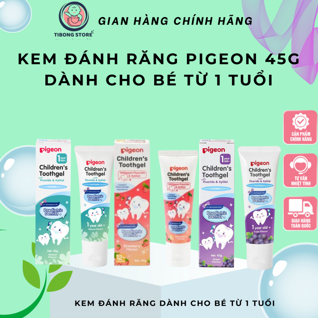 Kem đánh răng Pigeon 45g cho bé từ 1 tuổi - Hương Dâu/ Nho/ Hương Tự nhiên TiBongStore