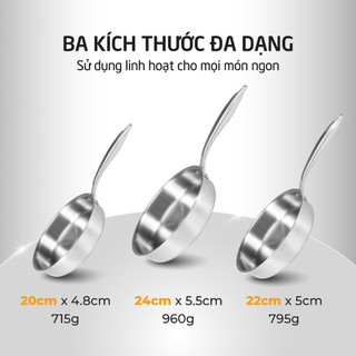 Chảo inox Hare HR-P2020 liền khối 5 lớp, chống dính cao cấp, dùng mọi loại bếp, tay cầm cách nhiệt