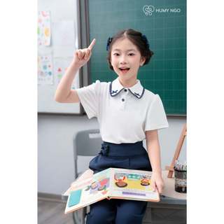 [HUMYNGO] Bộ áo quần đồng phục đi học - Áo polo trắng đính nơ, quần baggy thoáng mát, ít nhăn cho bé 6-12 tuổi [145+151]