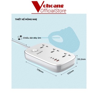 Ổ Cắm Điện Energizer 3 Lỗ Cắm Đa Năng Kèm 2 USB-A và 2 USB-C Sạc Nhanh PD 65W - Hàng Chính Hãng