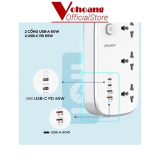 Ổ Cắm Điện Energizer 3 Lỗ Cắm Đa Năng Kèm 2 USB-A và 2 USB-C Sạc Nhanh PD 65W - Hàng Chính Hãng