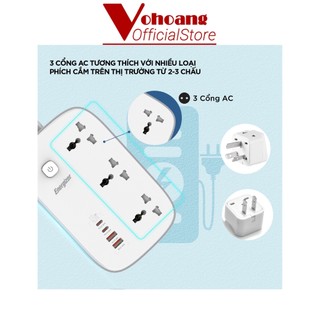 Ổ Cắm Điện Energizer 3 Lỗ Cắm Đa Năng Kèm 2 USB-A và 2 USB-C Sạc Nhanh PD 65W - Hàng Chính Hãng