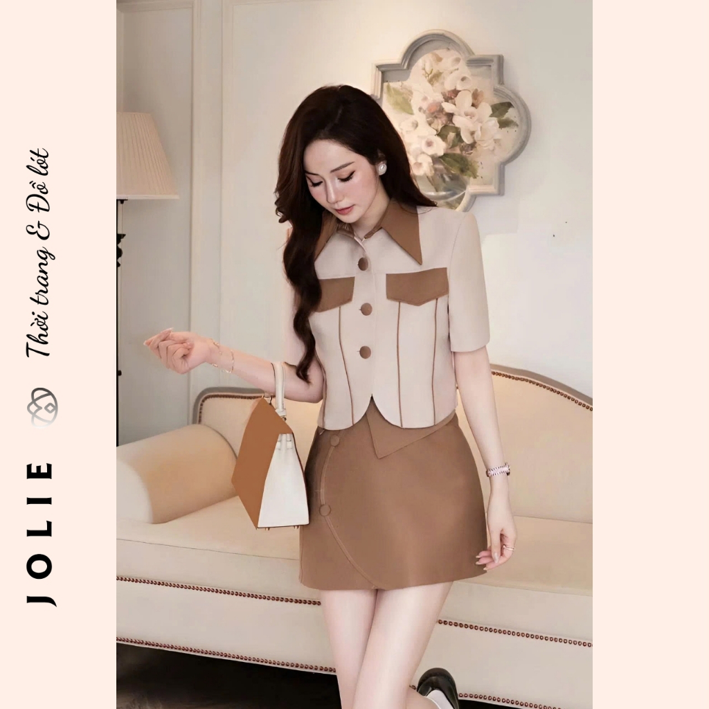 Set Áo Croptop Cổ Bẻ Túi Cách Điệu & Chân Váy Chữ A Phối Nếp