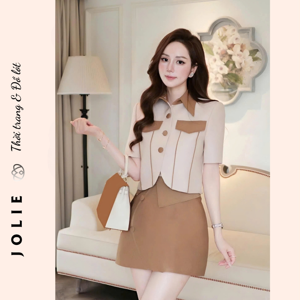 Set Áo Croptop Cổ Bẻ Túi Cách Điệu & Chân Váy Chữ A Phối Nếp