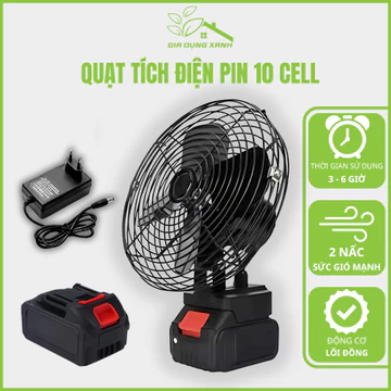 Quạt Tích Điện Pin 10 Cell, Quạt Để Bàn 2 Cấp Độ Gió Siêu Mát, Quạt Khung Sắt Sạc Pin Tích Điện
