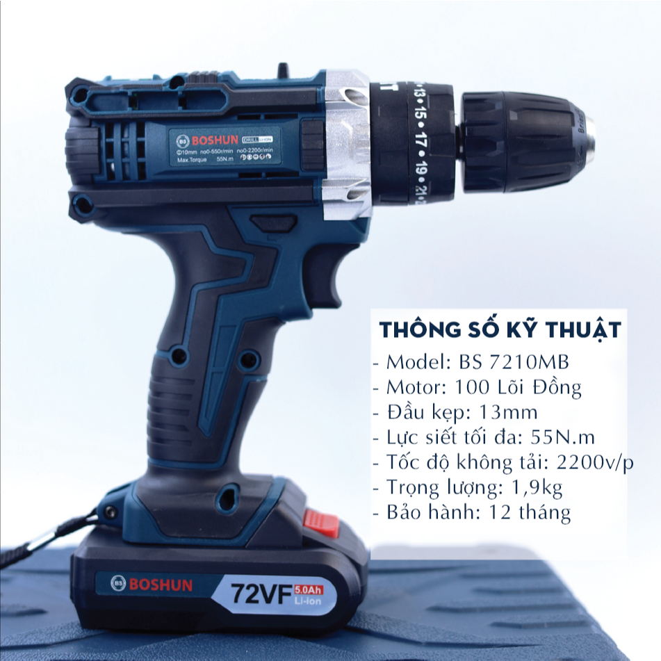 [MỚI VỀ] Bộ Máy Khoan Pin Boshun 72VF, BS-7210MB Chính Hãng - 3 Chức Năng Kèm 24 Phụ Kiện