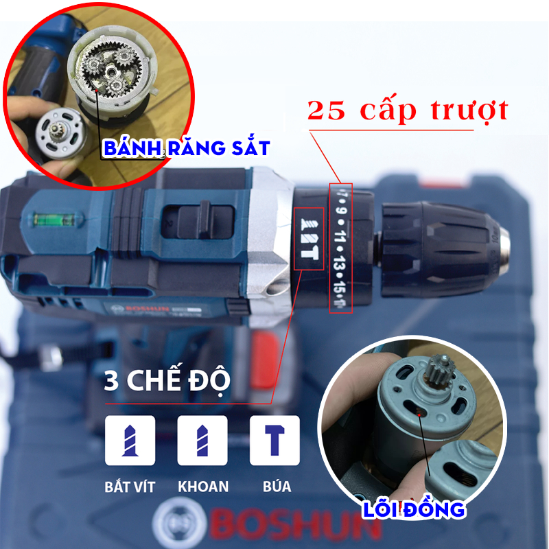 [MỚI VỀ] Bộ Máy Khoan Pin Boshun 72VF, BS-7210MB Chính Hãng - 3 Chức Năng Kèm 24 Phụ Kiện