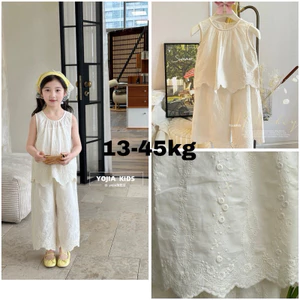 Set Đồ Bé Gái Áo Sát Nách Thêu Hoa Phối Quần Suông Ống Rộng, Bộ Bé Gái Mùa Hè Phong Cách Hàn Quốc 13-45kg