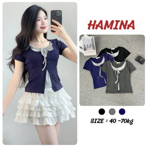 Áo Thun Nữ Cộc Tay Cổ Phối Viền Bèo Thắt Nơ Chất Thun Cotton Mềm Mát, Áo Phối Viền Bèo 2 Lớp BigSize 428
