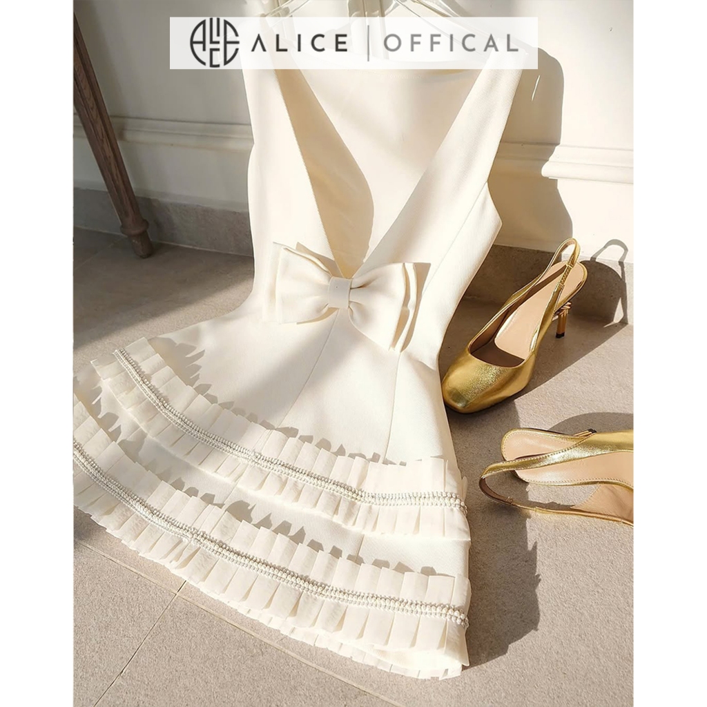 Váy Dự Tiệc Cao Cấp Chất Chéo Rubi Lót Lụa Alice, Đầm Cổ Thuyền Đính Nơ Lưng Xếp Bèo 2 Tầng Dáng Váy Chữ A T126-SX