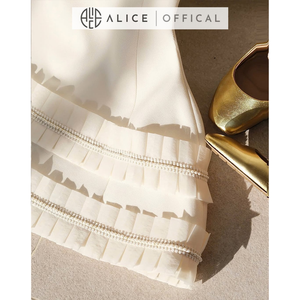 Váy Dự Tiệc Cao Cấp Chất Chéo Rubi Lót Lụa Alice, Đầm Cổ Thuyền Đính Nơ Lưng Xếp Bèo 2 Tầng Dáng Váy Chữ A T126-SX