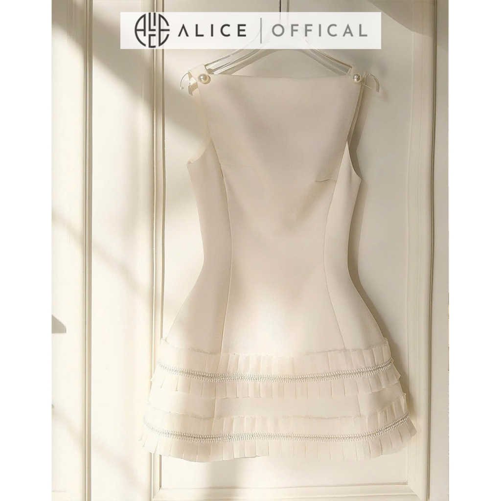 Váy Dự Tiệc Cao Cấp Chất Chéo Rubi Lót Lụa Alice, Đầm Cổ Thuyền Đính Nơ Lưng Xếp Bèo 2 Tầng Dáng Váy Chữ A T126-SX