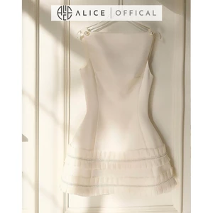 Váy Dự Tiệc Cao Cấp Chất Chéo Rubi Lót Lụa Alice, Đầm Cổ Thuyền Đính Nơ Lưng Xếp Bèo 2 Tầng Dáng Váy Chữ A T126-SX