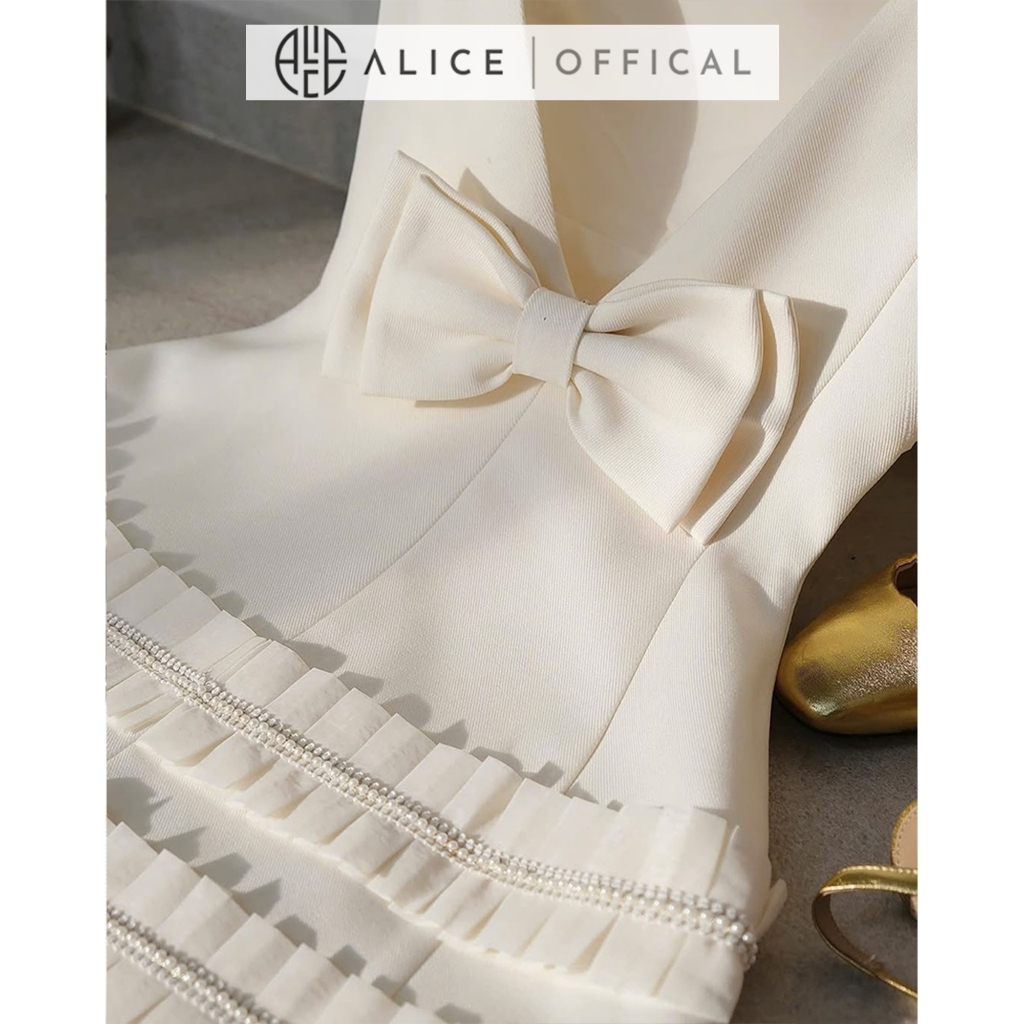 Váy Dự Tiệc Cao Cấp Chất Chéo Rubi Lót Lụa Alice, Đầm Cổ Thuyền Đính Nơ Lưng Xếp Bèo 2 Tầng Dáng Váy Chữ A T126-SX