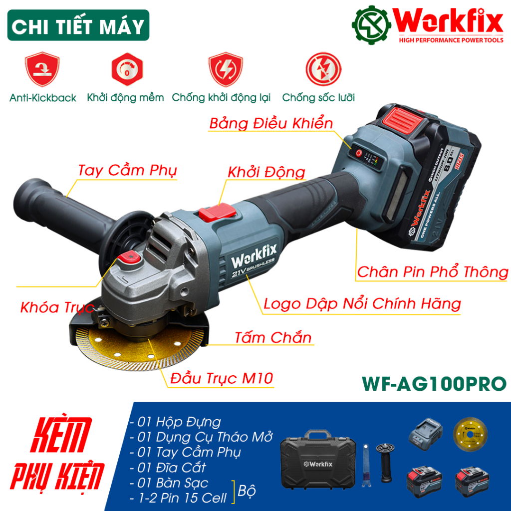 [KEM ĐĨA CẮT SẮT] Máy Mài, Cắt  WF-AG100PRO Workfix Anti-kickback 4 Tính Năng, Chuyên Cắt, Cưa, Mài