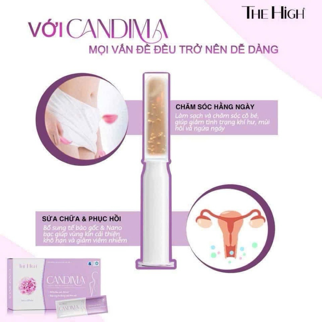 Dung Dịch Vệ Sinh Phụ Nữ Gel CANDIMA THE HIGH Chính Hãng Dạng Gel Giúp Làm Sạch, Khử Mùi Hộp 8 Gói Có Che Tên SP