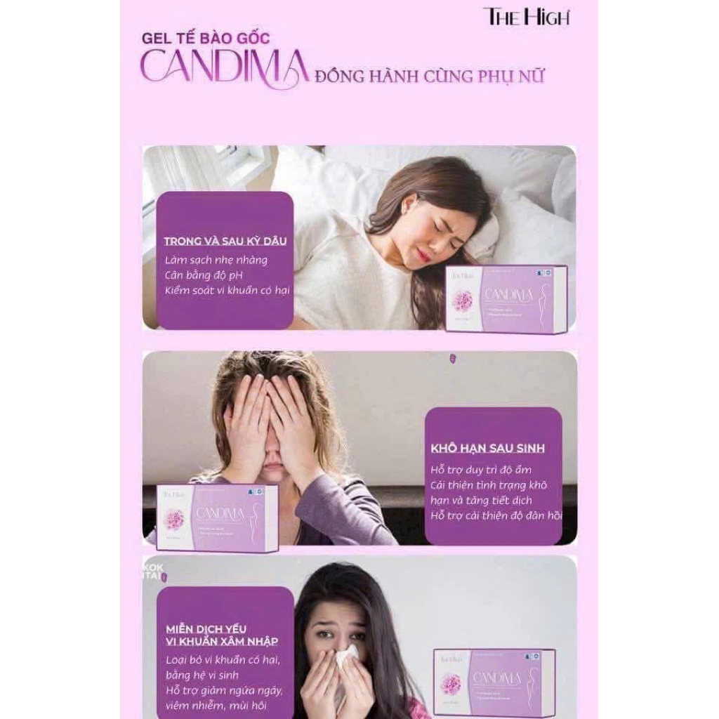 Dung Dịch Vệ Sinh Phụ Nữ Gel CANDIMA THE HIGH Chính Hãng Dạng Gel Giúp Làm Sạch, Khử Mùi Hộp 8 Gói Có Che Tên SP