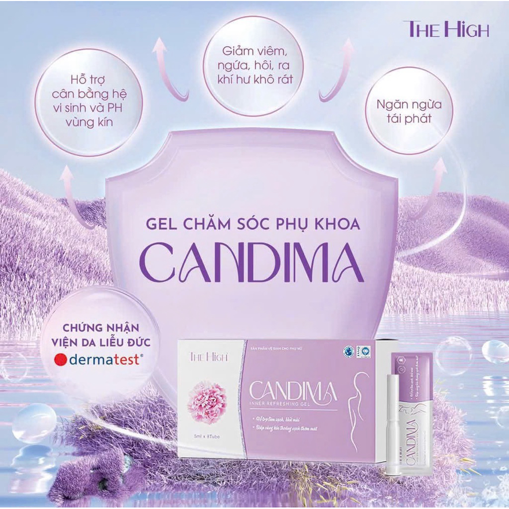 Dung Dịch Vệ Sinh Phụ Nữ Gel CANDIMA THE HIGH Chính Hãng Dạng Gel Giúp Làm Sạch, Khử Mùi Hộp 8 Gói Có Che Tên SP