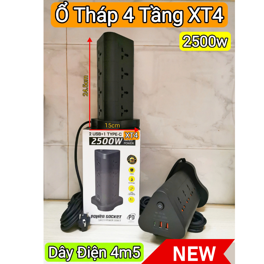 Ổ Cắm Điện Tháp Đa Năng Cổng USB Tybe C Dây dài 4,5m Công suất 2500WAT