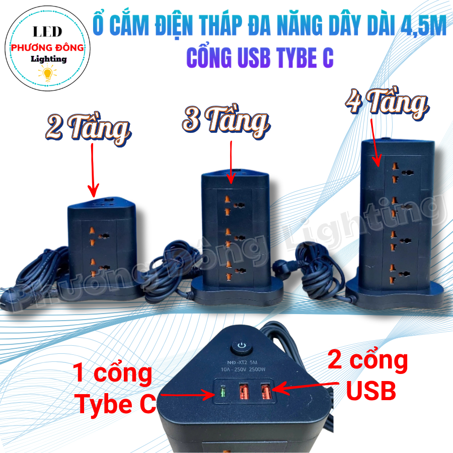 Ổ Cắm Điện Tháp Đa Năng Cổng USB Tybe C Dây dài 4,5m Công suất 2500WAT