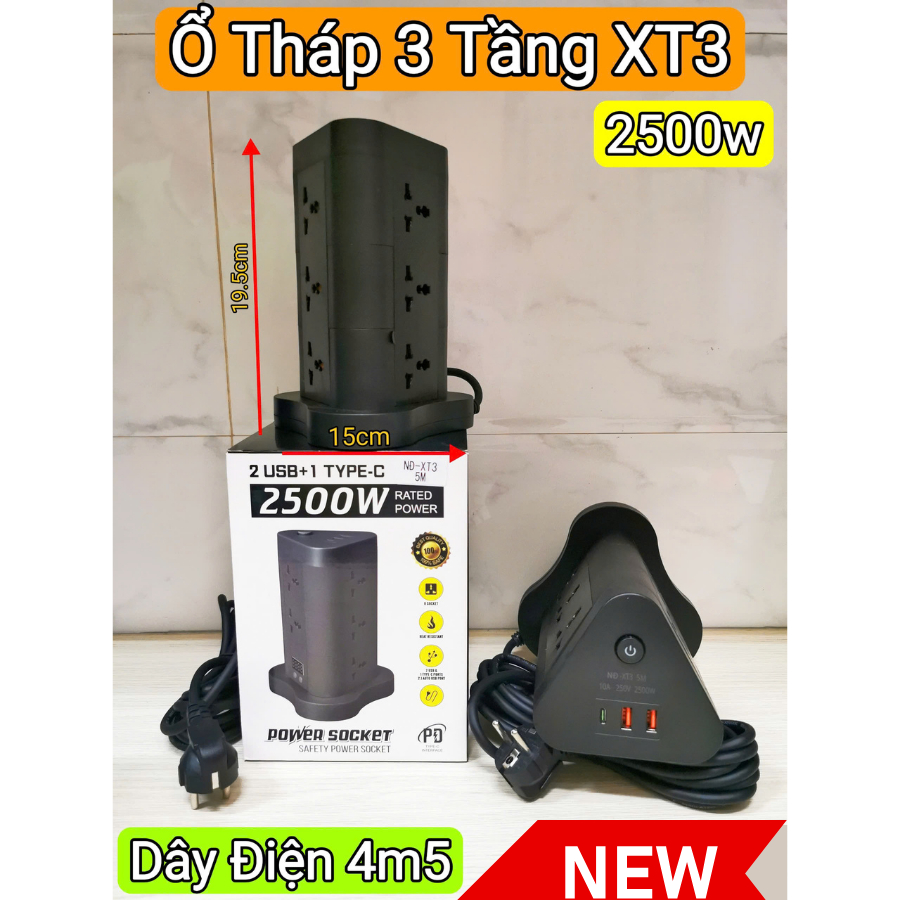 Ổ Cắm Điện Tháp Đa Năng Cổng USB Tybe C Dây dài 4,5m Công suất 2500WAT