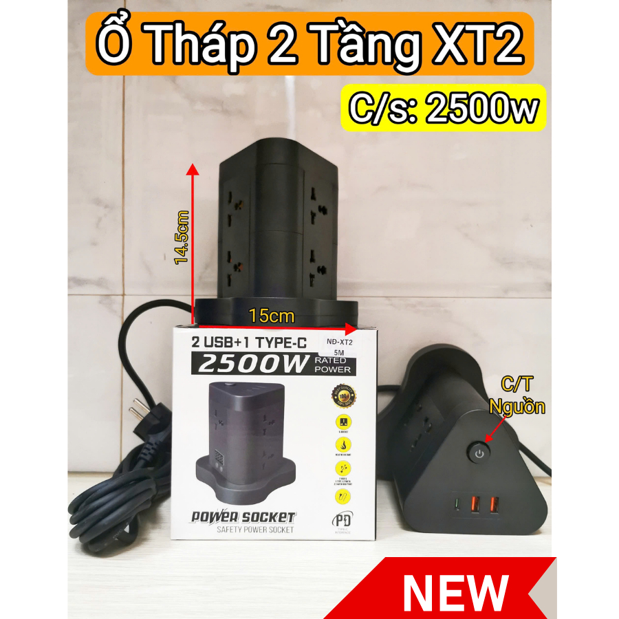 Ổ Cắm Điện Tháp Đa Năng Cổng USB Tybe C Dây dài 4,5m Công suất 2500WAT
