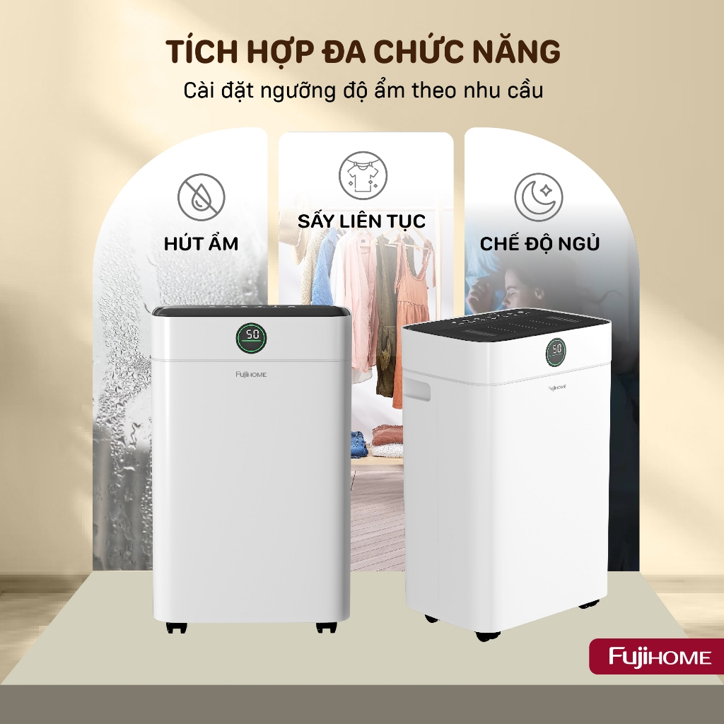 Máy hút ẩm lọc không khí FUJIHOME DH18W-HEPA Nhập Khẩu, Máy khử ấm có độ ồn thấp phù hợp với nhiều loại phòng