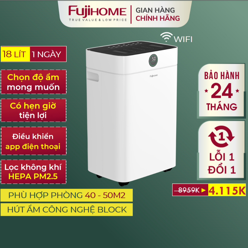 Máy hút ẩm lọc không khí FUJIHOME DH18W-HEPA Nhập Khẩu, Máy khử ấm có độ ồn thấp phù hợp với nhiều loại phòng