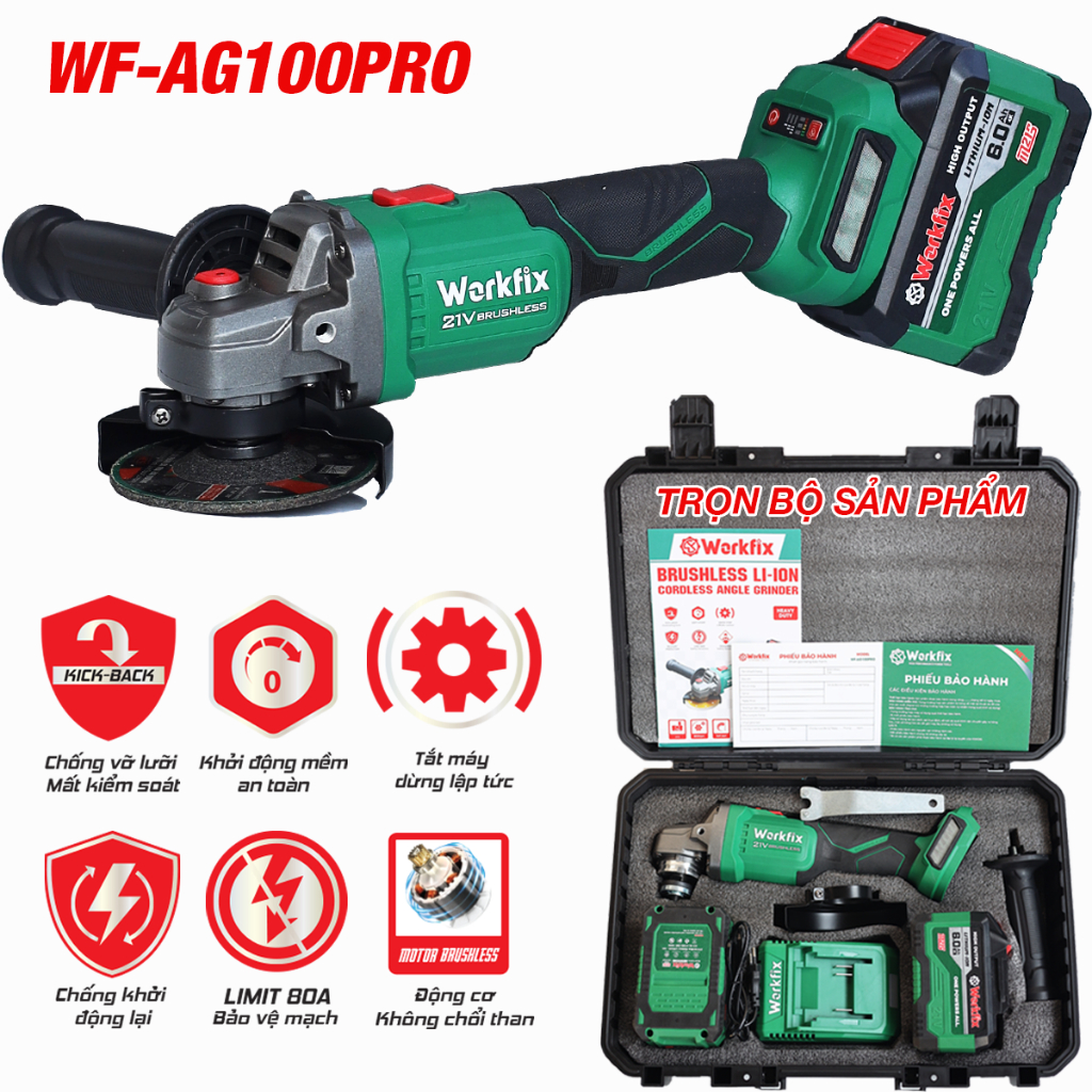 [KEM ĐĨA CẮT SẮT] Máy Mài, Cắt  WF-AG100PRO Workfix Anti-kickback 4 Tính Năng, Chuyên Cắt, Cưa, Mài