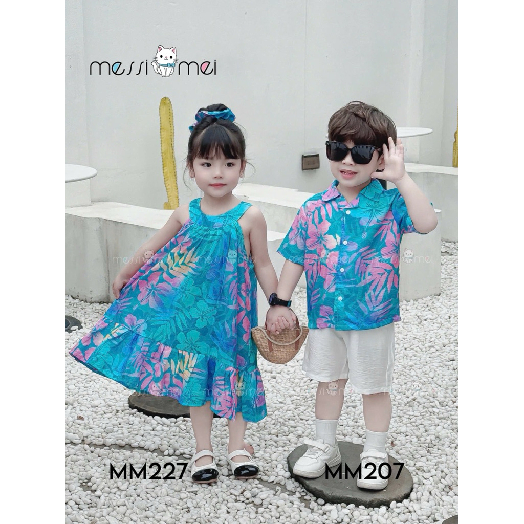 Set Đi Biển Đôi Bé Trai Bé Gái MM 1-10Y (8-40kg), Bộ Bé Trai & Váy Bé Gái Kèm Dây Buộc Tóc