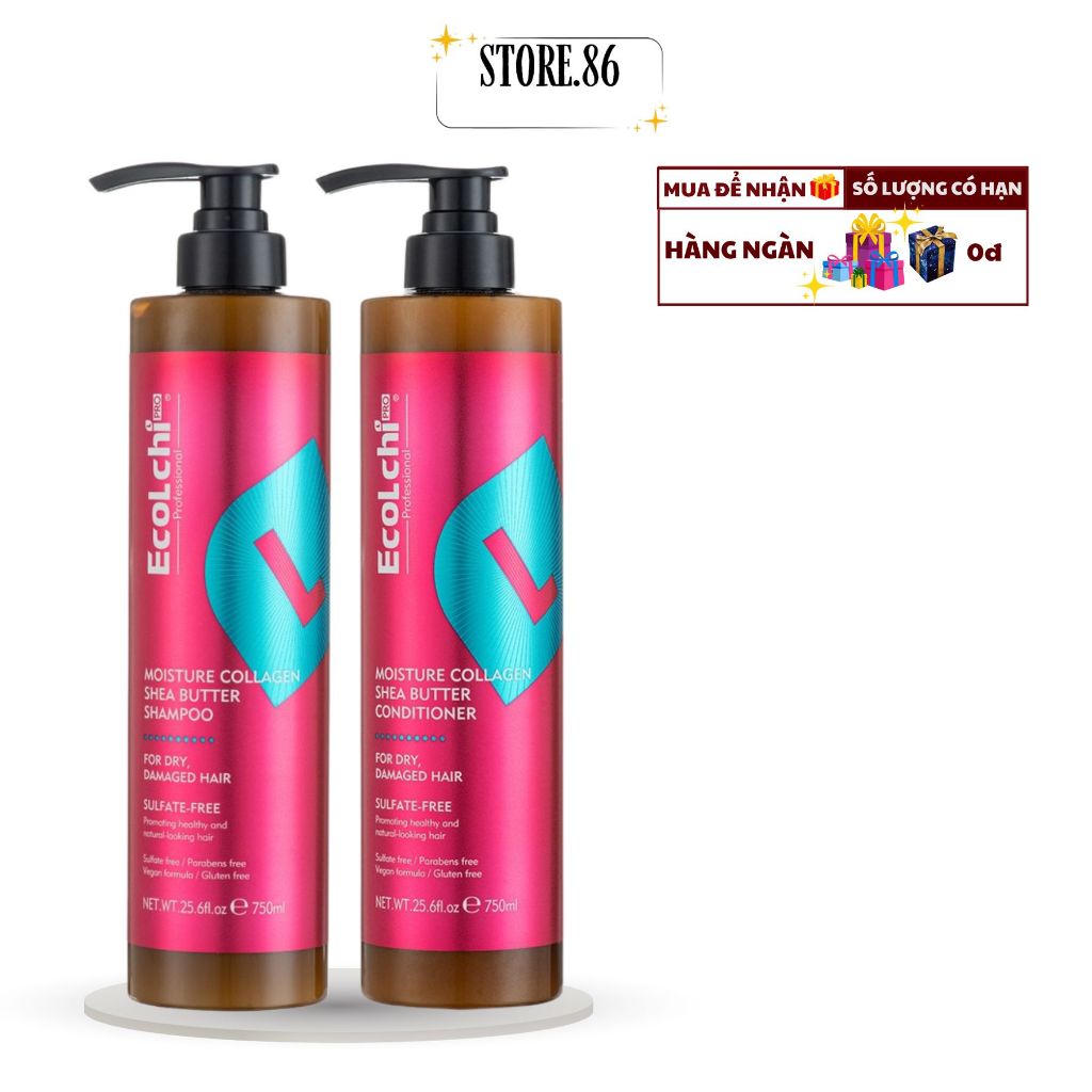 Cặp Dầu Gội Xả Ecolchi Shea Butter 750ml | Dưỡng Tóc Mềm Mượt, Cấp Ẩm Cho Tóc Khô Xơ