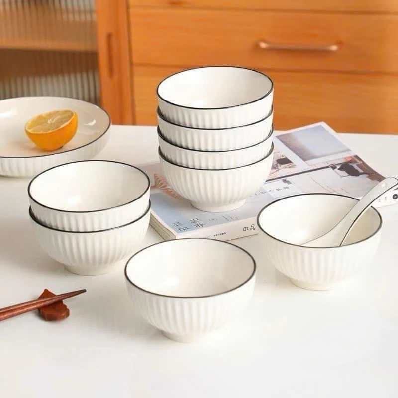 Bát Cơm Sứ Vân Sọc Viền Đen 11.5 X 6cm Hàng Loại 1 Dày Dặn Combo 5 Cái