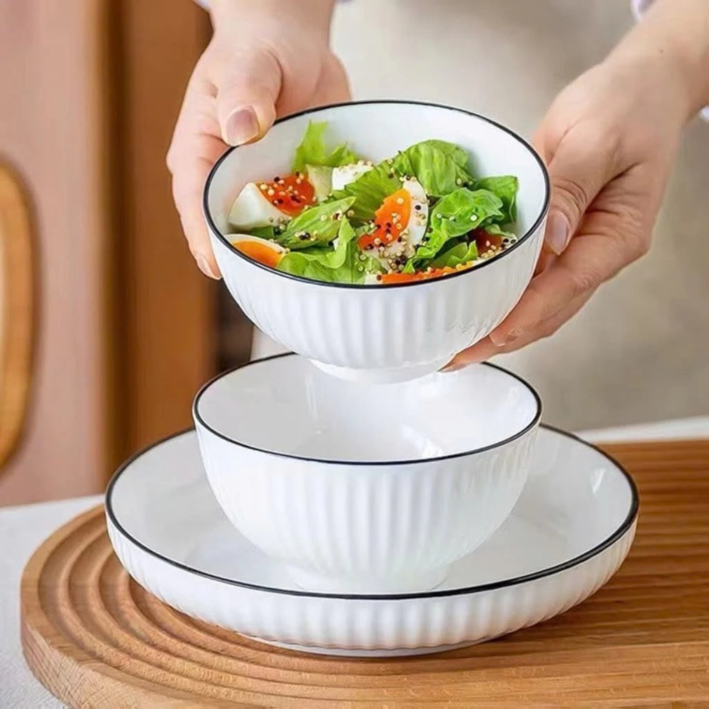 Bát Cơm Sứ Vân Sọc Viền Đen 11.5 X 6cm Hàng Loại 1 Dày Dặn Combo 5 Cái